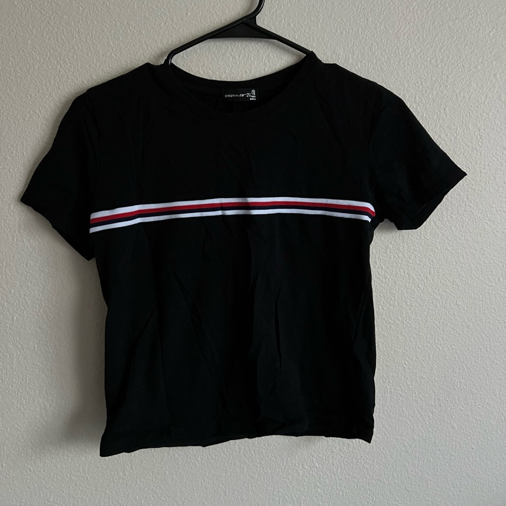 Popular21 Black Crop Top with Red, White, and Blue Striping